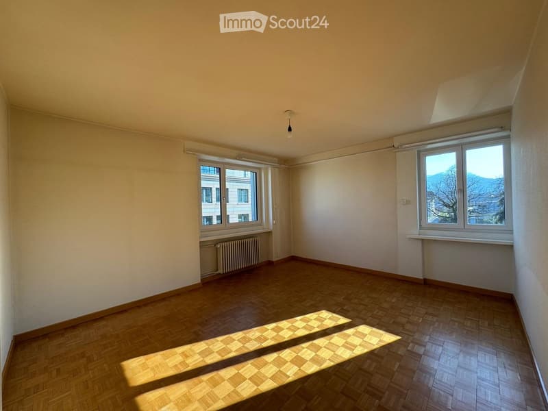 empty room, wooden floor, white walls, two windows, radiator, sunlight
