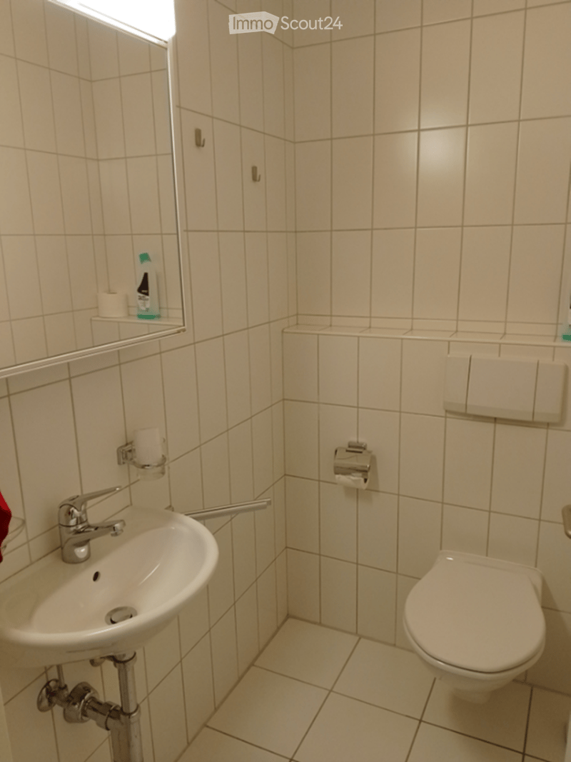 small bathroom with white tiles, sink, toilet, mirror, and toilet paper holder