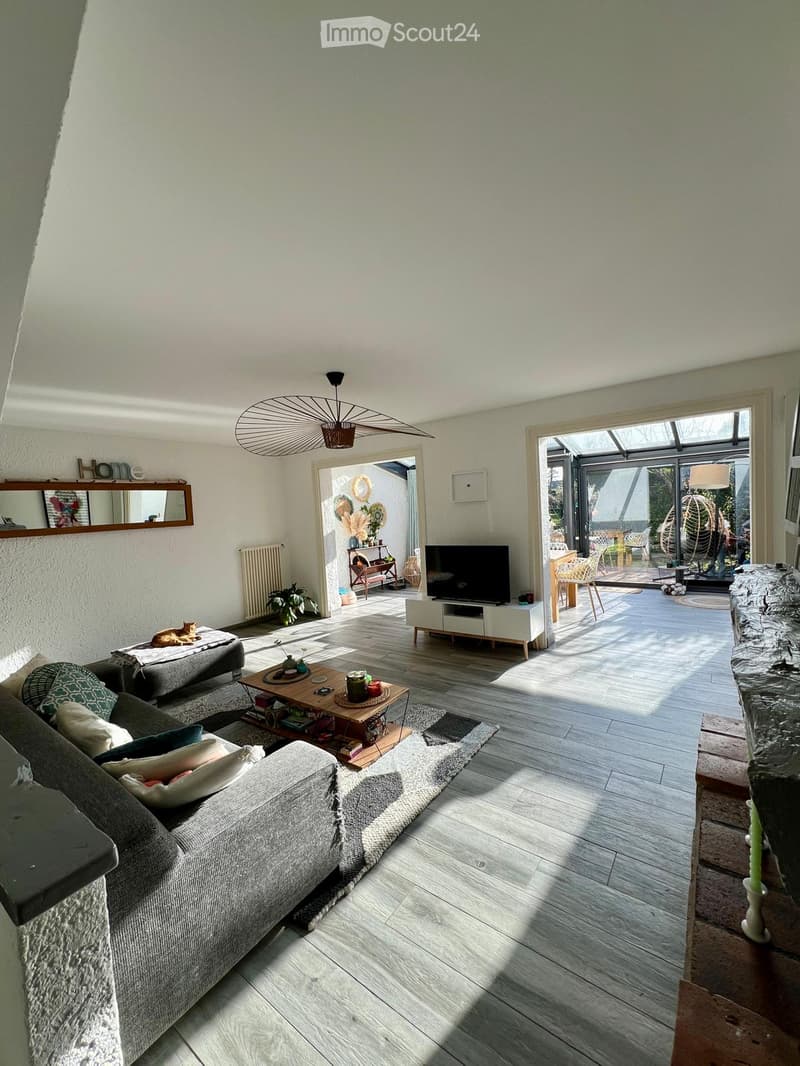 modern living room, gray couch, coffee table, TV, wooden floor, large windows, balcony, mirror, radiator