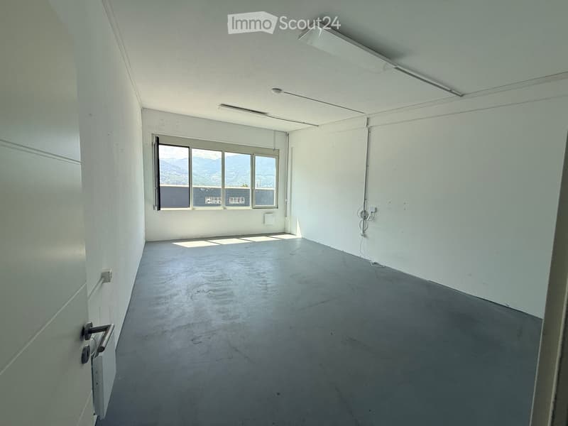 Empty room with white walls, concrete floor, and large windows offering a view of mountains.