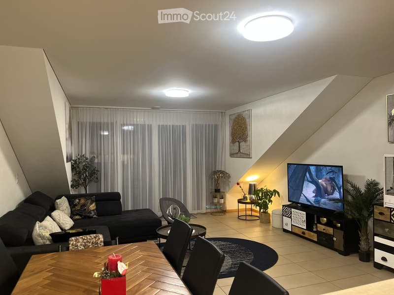 modern living room with black couch, dining table, TV, and potted plants