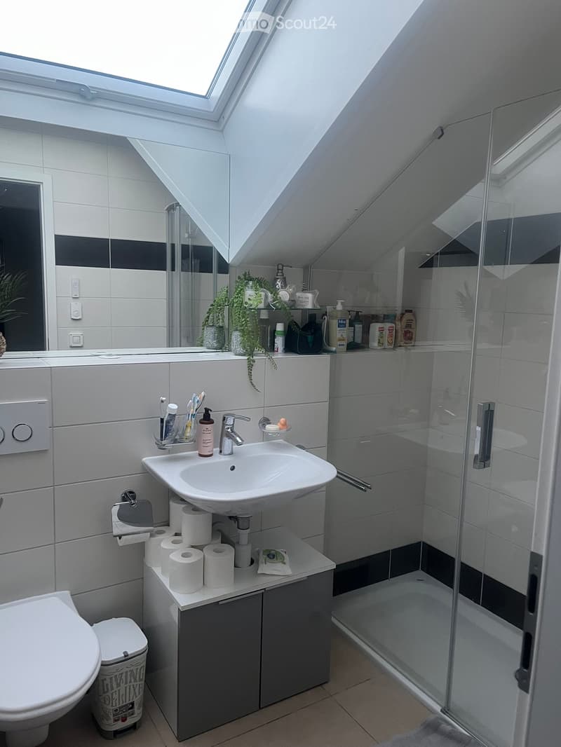 modern bathroom with white tiles, glass shower, white sink, toilet, storage cabinets, skylight