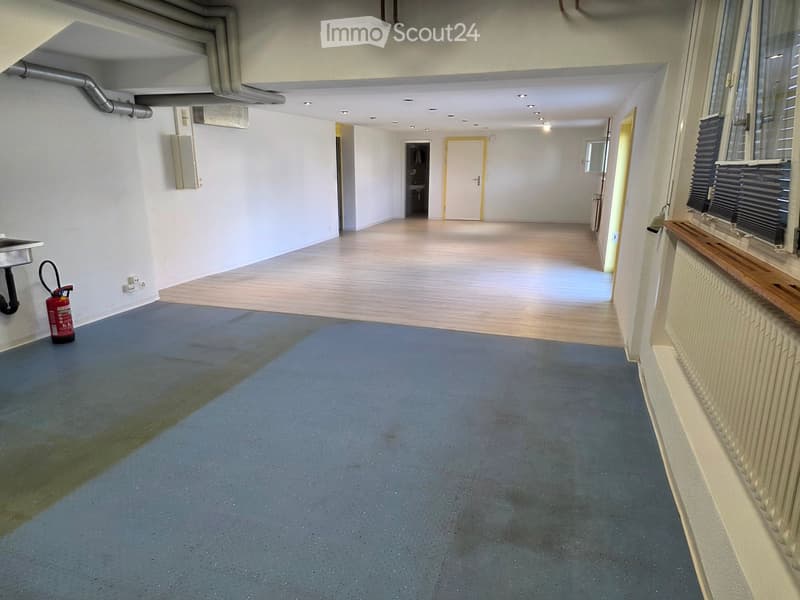 Empty hallway with light wooden flooring, white walls, and multiple doors leading to other rooms. Features include a fire extinguisher, a sink, and a radiator.