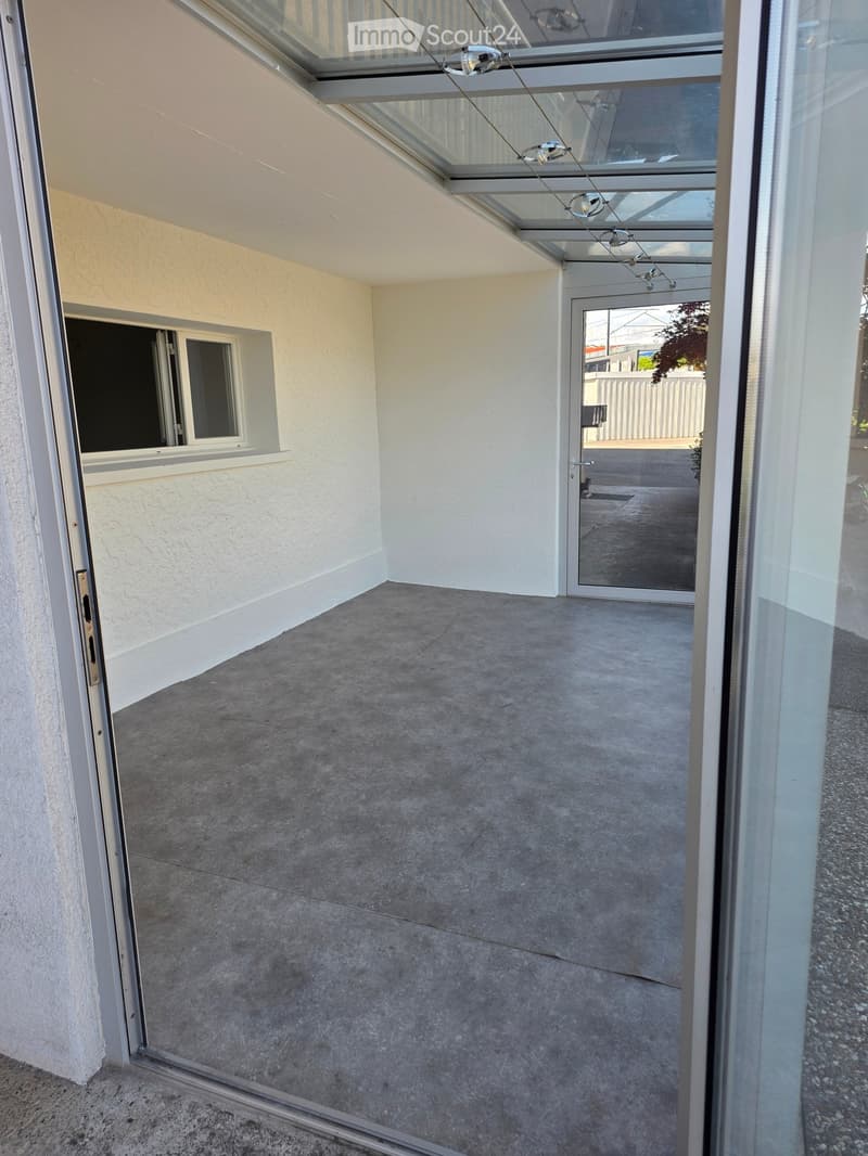 Empty room with concrete floor, white walls, large glass door, and skylight above.