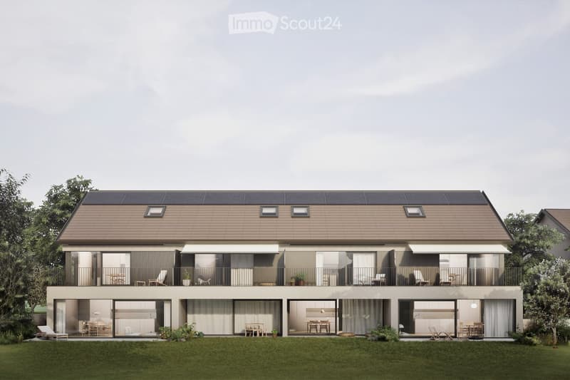 2 story house, brown roof, solar panels, large windows, balconies, garden