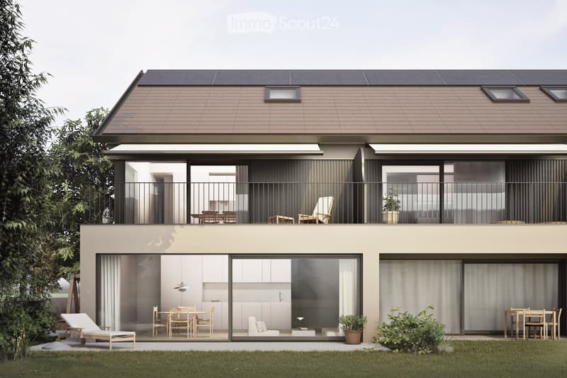 2 story house, solar panels on roof, raised ground floor, balcony, large glass windows, modern design