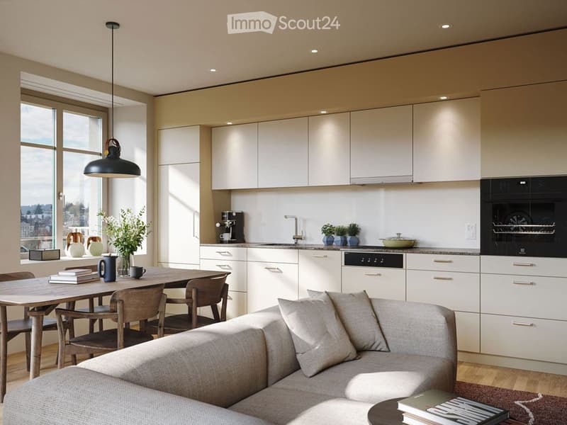 modern kitchen with dining area, wooden table, chairs, couch, white cabinets, black oven, sink, faucet, plants, lamp
