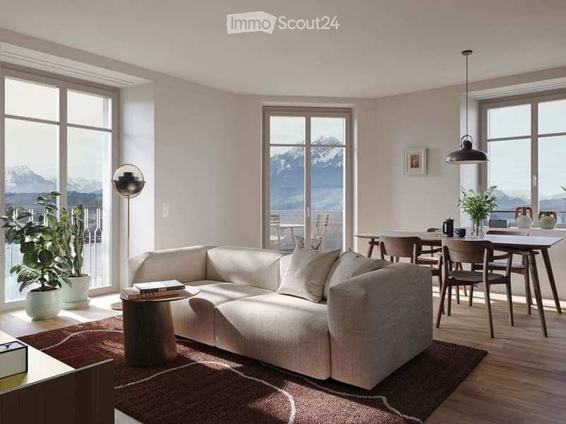modern living room with large windows, beige sofa, wooden coffee table, wooden floor, dining table, wooden chairs, plants, wooden side table, lamp, picture frame, mountains view