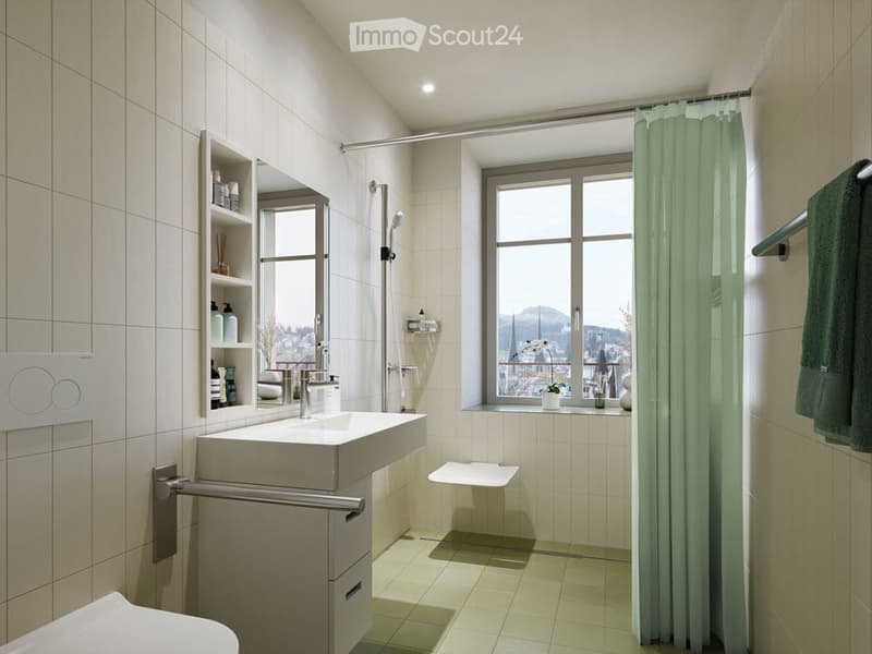 modern bathroom with white tiles, white sink, shower, window, green shower curtain, towel rack