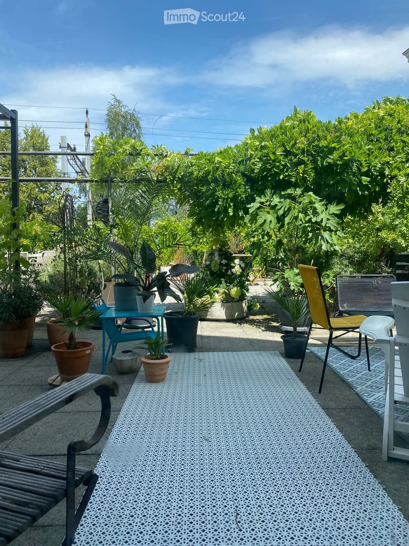 Outdoor area with various potted plants, a blue table, a yellow chair, a bench, and a rug. The garden is surrounded by trees and greenery.