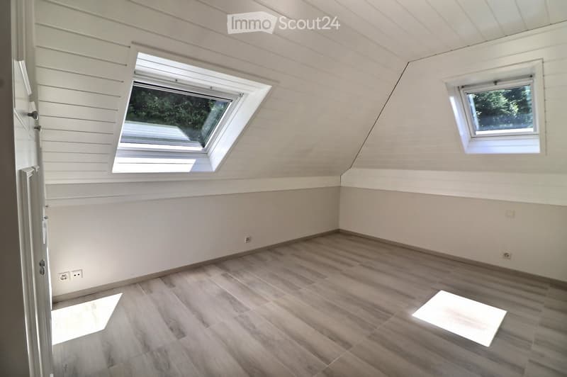 empty room, wooden floor, white walls, two skylights, power outlets