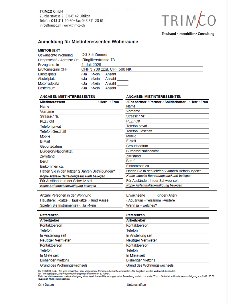 A form for registering interest in rental properties, including details about the property, tenant information, and references.