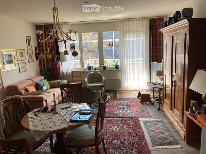 Chandelier, couch, armchairs, table, rugs, TV, cabinet, framed pictures, lamps, potted plants, window with curtains