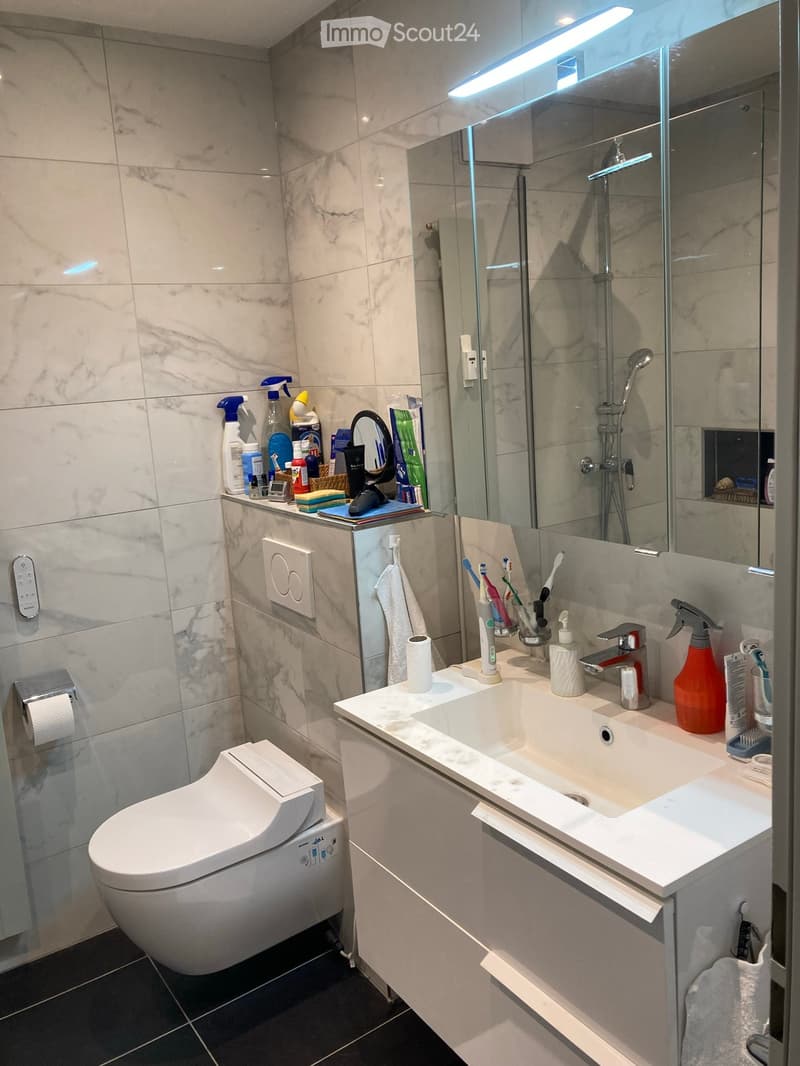 modern bathroom with white tiles, white toilet, white sink, mirror, shower, toiletries
