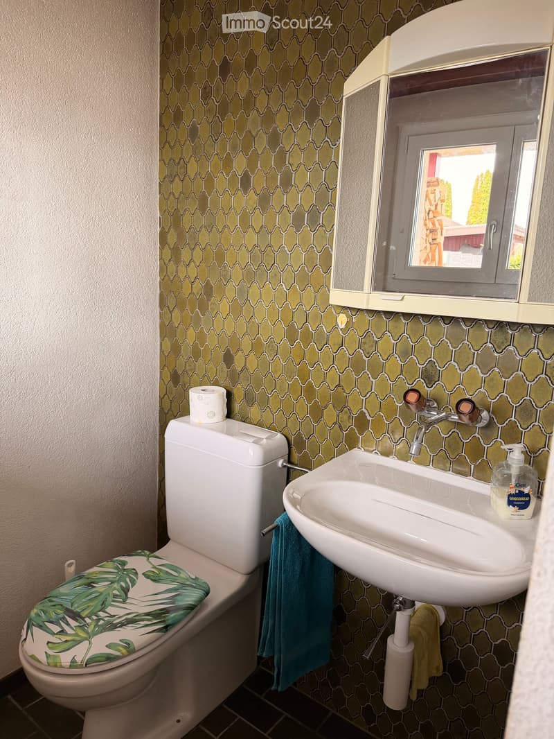 Bathroom with white toilet, sink, mirror, and hexagonal tiles