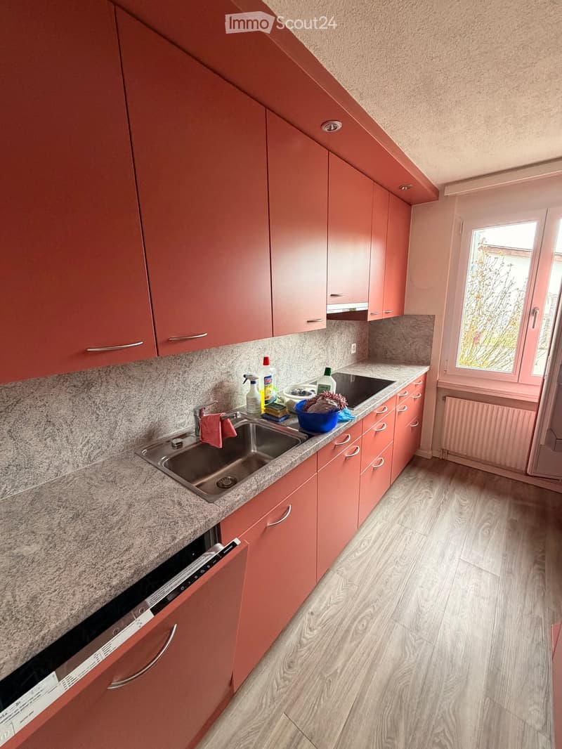 modern kitchen with red cabinets, granite countertop, stainless steel sink, dishwasher, washing machine, gas stove, window