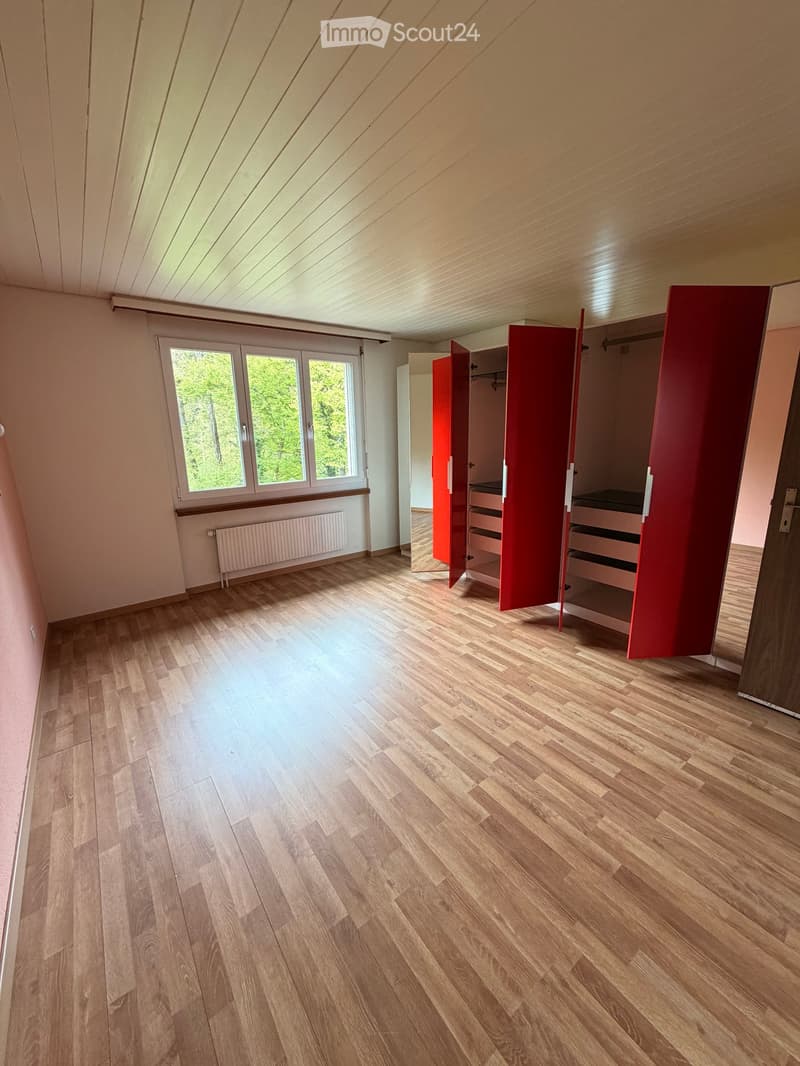 empty room, wooden floor, large window, red wardrobes, white ceiling, white walls