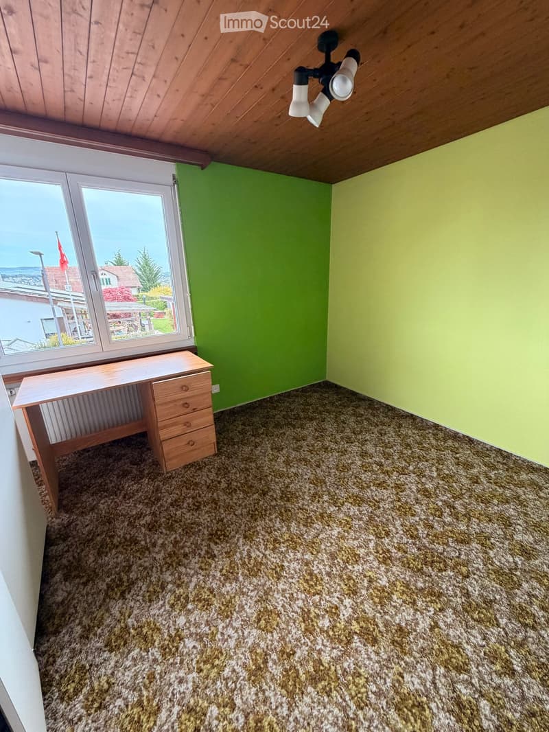 empty room, wooden desk, green wall, carpeted floor, large window, wooden ceiling