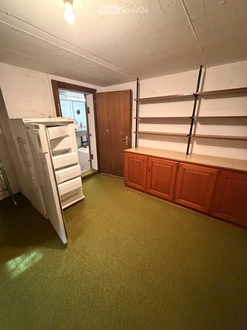 empty room with green carpet, open refrigerator, wooden shelves, wooden door