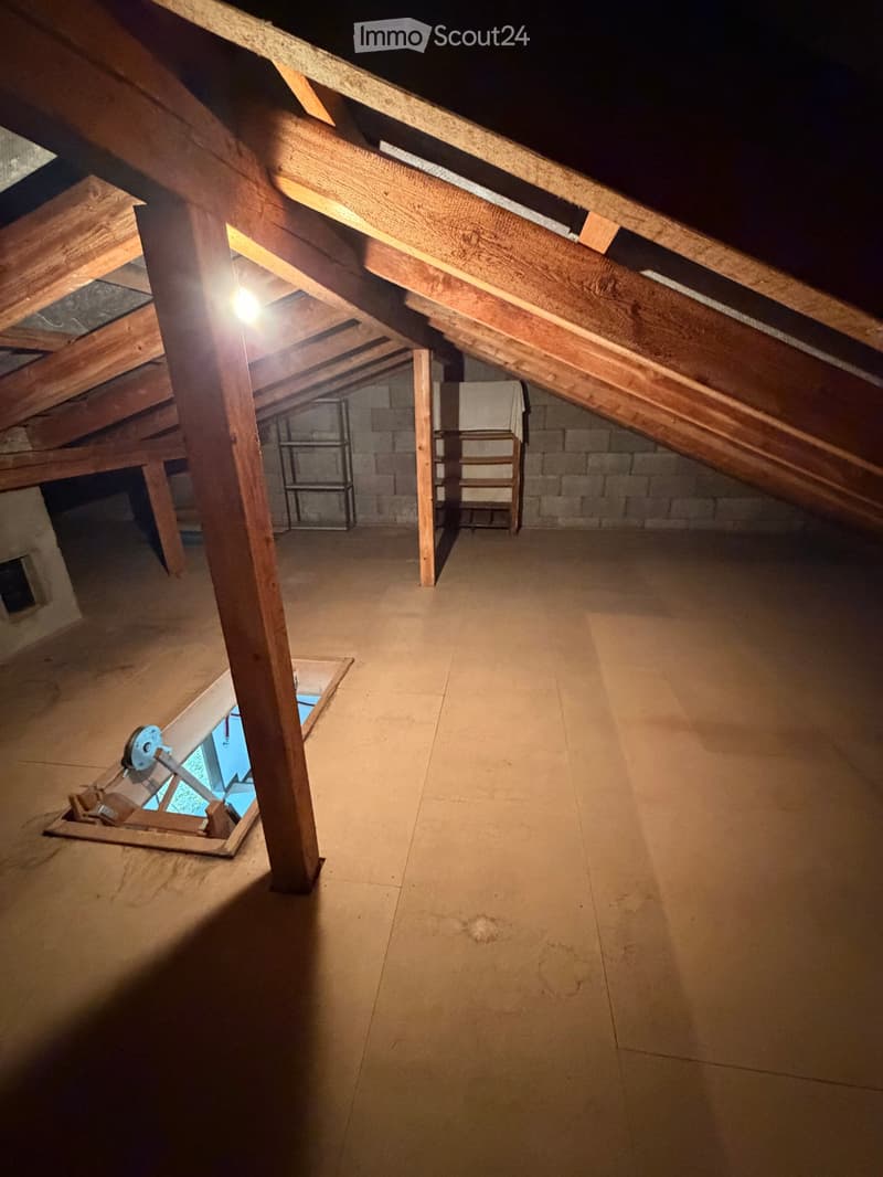 attic room, wooden beams, tiled floor, small window, ladder