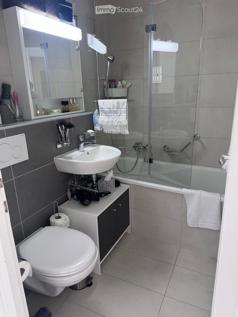 modern bathroom with white sink, shower, bathtub, toilet, and gray tiles