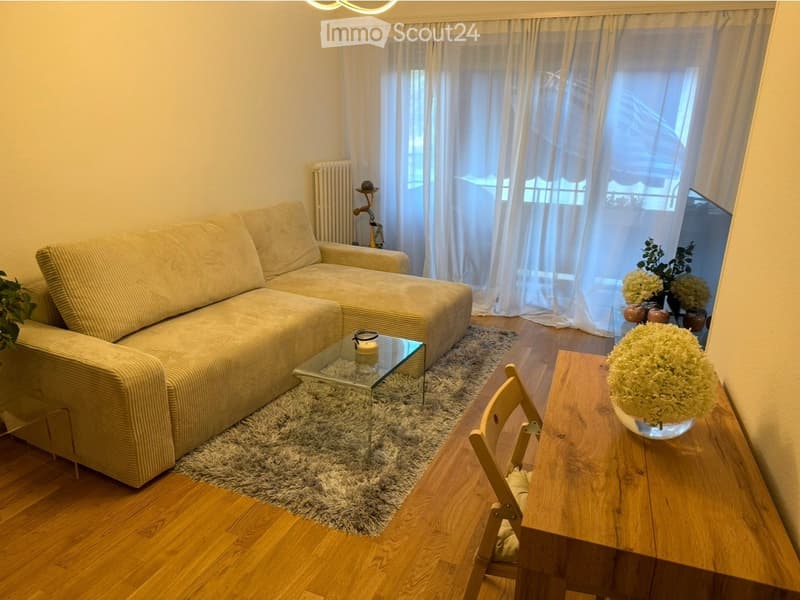 living room with beige sofa, glass table, wooden chair, white curtains, wooden floor, plants