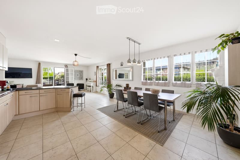 Open plan kitchen and dining area, large windows, dining table, kitchen island, TV, plants