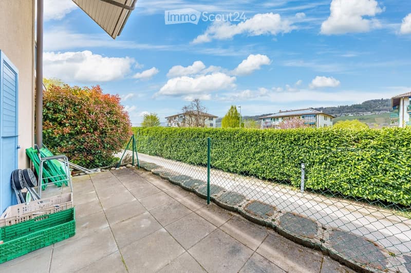 tiled floor, green fence, hedge, storage boxes, clear sky