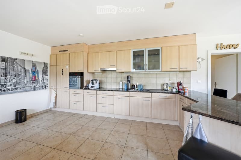 modern kitchen with wooden cabinets, granite countertops, built-in appliances, tiled floor, large wall mural