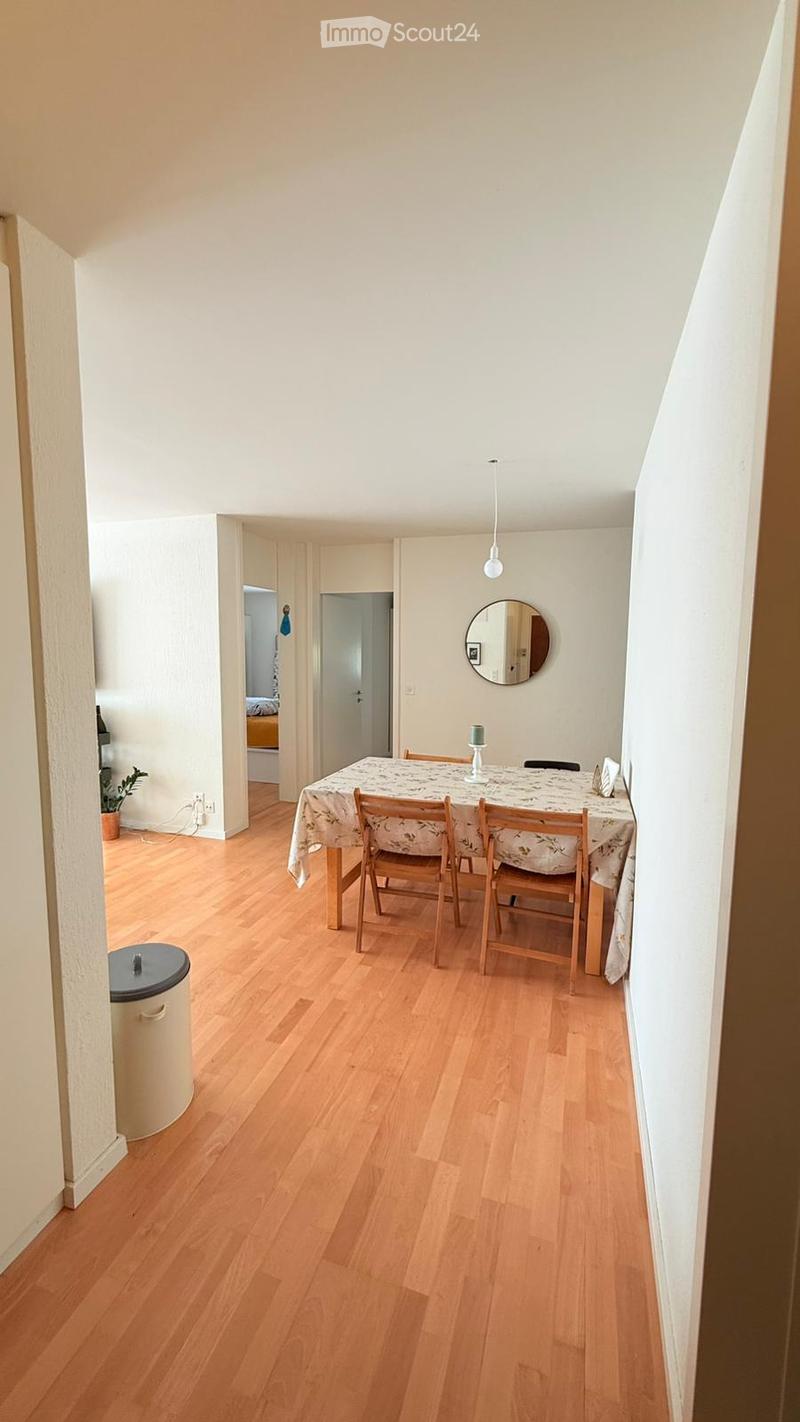 Dining room with wooden floor, white walls, dining table, chairs, mirror, potted plant, power outlet, trash bin