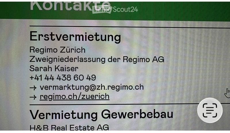 Contact information for Erstvermietung in Zurich, contact person Sarah Kaiser, phone number, email, and website.