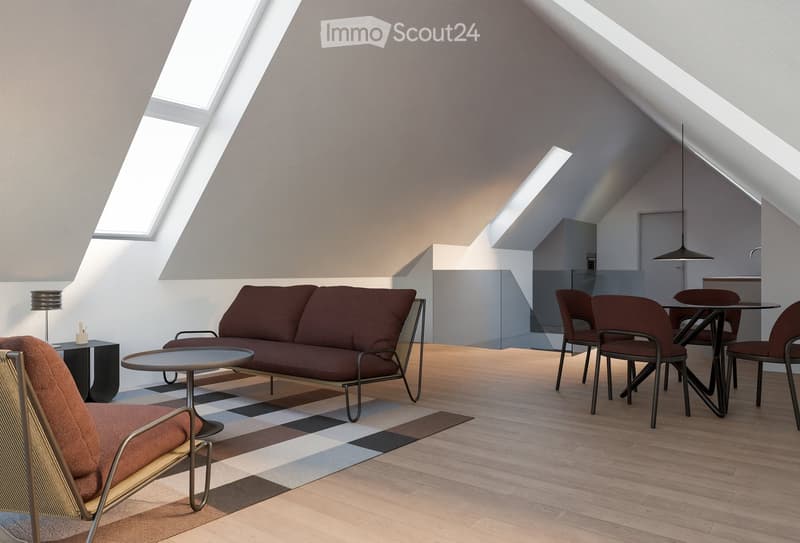 modern attic room with wooden floor, brown sofa, dining table, lamps, carpet