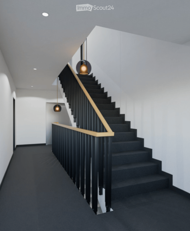 white walls, black and gold railings, black carpet, hanging lamps