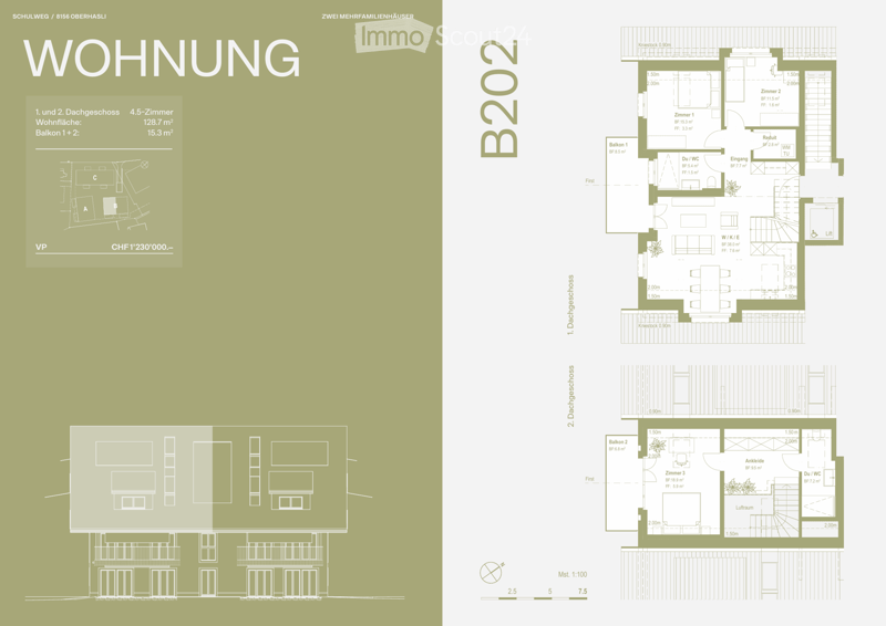 Floor plan of a two-story house with 4.5 rooms, including living room, kitchen, 2 bedrooms, 2 bathrooms, balcony, and a basement with a room and a storage room.