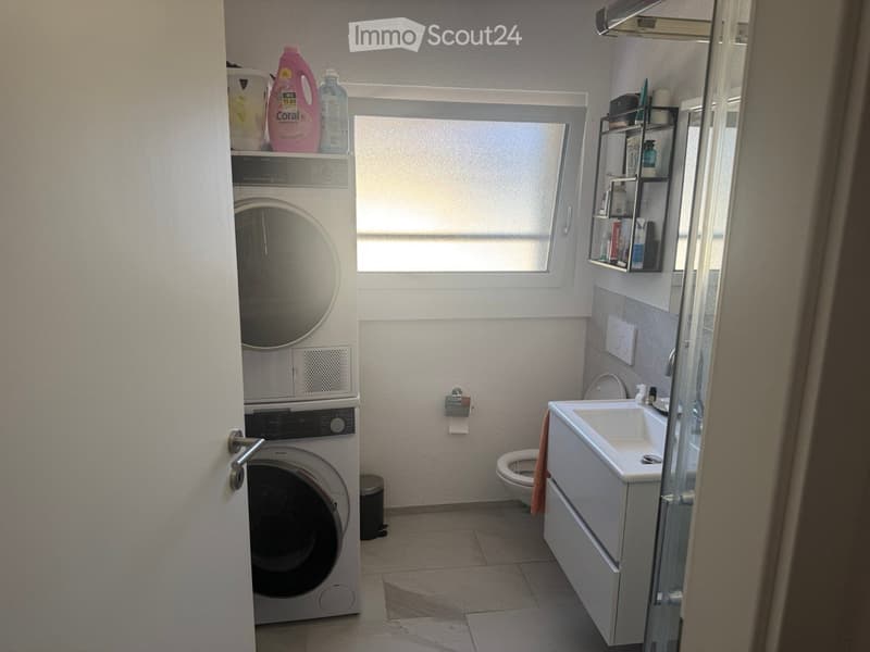 A bathroom with a toilet, sink, and washing machine.