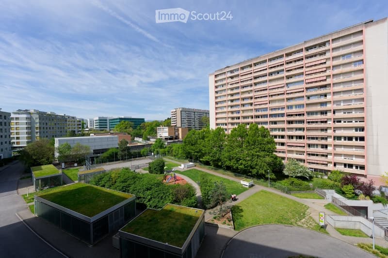 Aerial view of a multi-story building with a large green rooftop, surrounded by a park with a playground, trees, and a paved pathway.