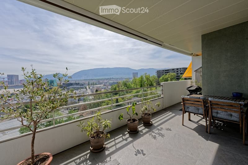 Balcony with table and chairs, potted plants, metal railing, city view