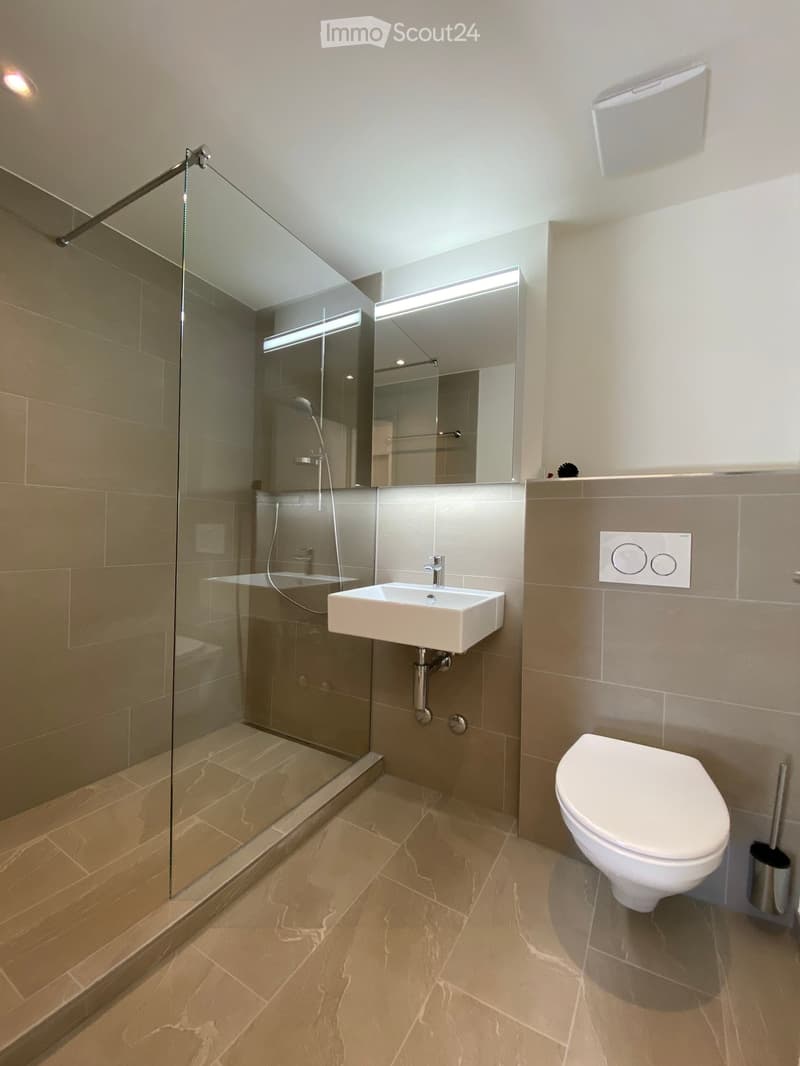 Modern bathroom with glass shower enclosure, white sink, white toilet, tiled floor, and wall-mounted mirror.