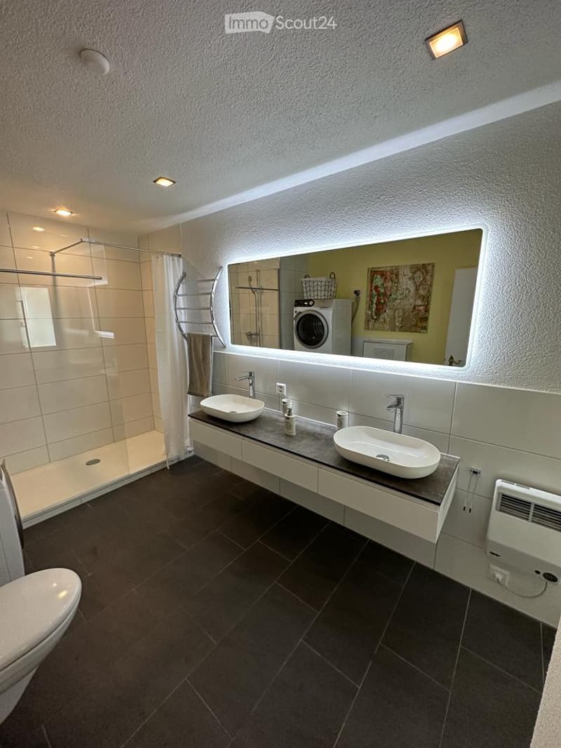 modern bathroom with double sink, large mirror, shower, toilet, washing machine