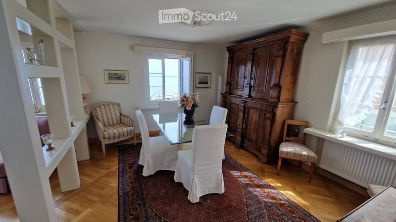 Dining room with glass table, white chairs, wooden cabinet, radiator, windows, rug, flower vase, picture frames, lamp