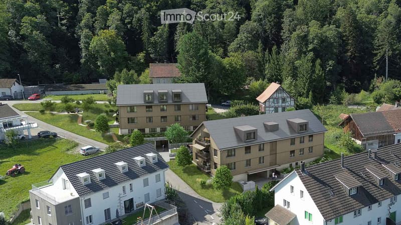 Aerial view of a residential area with several houses, surrounded by trees and grass, driveways, and parking spaces.