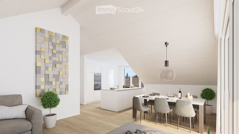 Dining area with a table and chairs, a kitchen with an oven, a couch with a pillow, a potted plant, and a decorative wall panel.