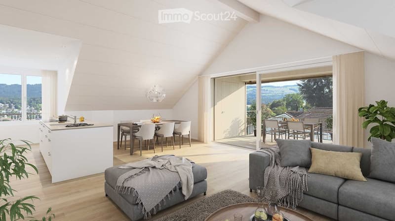 open plan living room and kitchen, dining table, balcony, large windows, wooden floor