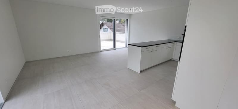 empty room, white walls, tiled floor, sliding glass door, balcony