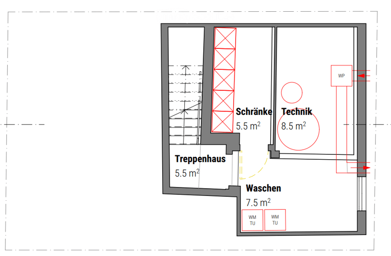 Floor plan with stairwell, wardrobe, technical room, and laundry room.