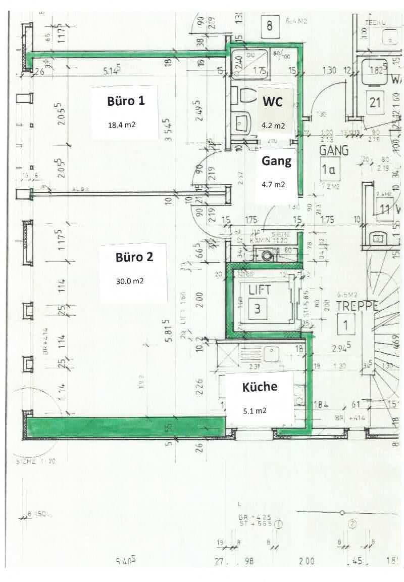Floor plan with two office spaces, a kitchen, a bathroom, and a hallway.