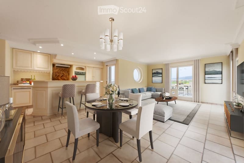 modern dining area with round table, white chairs, chandelier, kitchen bar, living room with sofa, round window, balcony