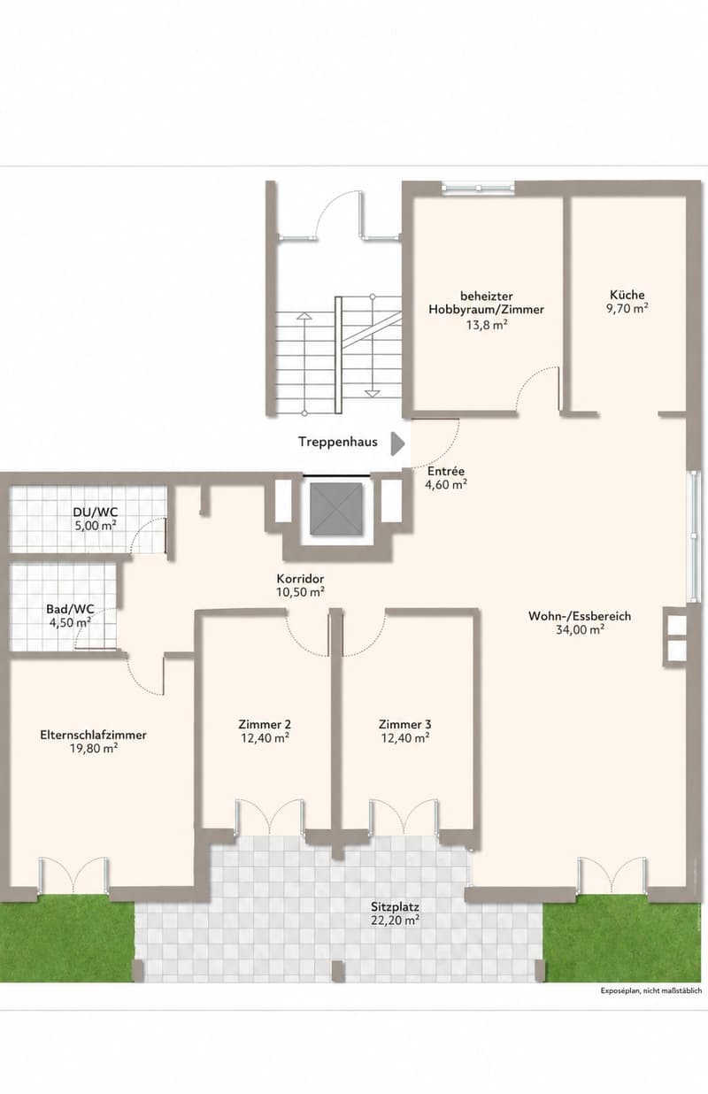 Floor plan of a house with multiple rooms including a living/dining area, three bedrooms, a bathroom, a kitchen, a hobby room, and a staircase leading to an upper level.