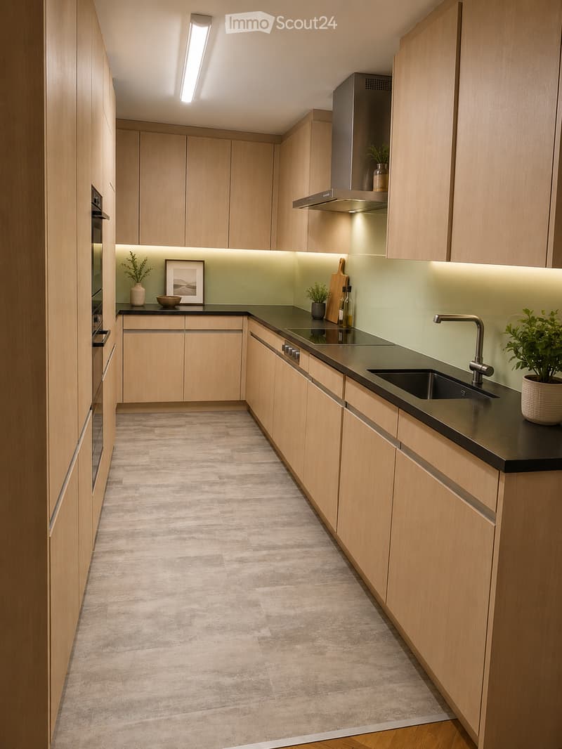 Modern kitchen with light wood cabinets, black countertops, and built-in appliances. Features include a sink with a modern faucet, an oven, and decorative items such as a picture frame, bowl, bottle, cutting board, and small plants.