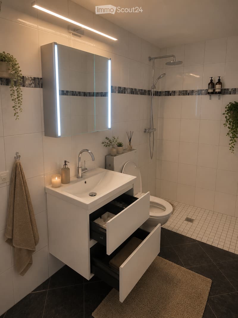 Modern bathroom with white tiles, a large sink with an open drawer, a toilet, a shower with a handheld sprayer, a mirror with built-in lighting, and decorative plants.